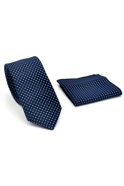 Gaffy Blue Dot Patterned Navy Blue Woven Fabric Slim Fit Tie with Handkerchief // Sdk-2510-2