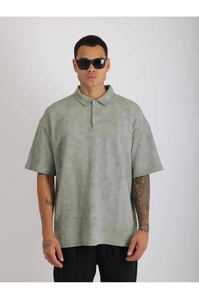 EGHO Washed Double Pique Fabric Men's Polo Neck Loose Fit T-Shirt with Tumbled Effect