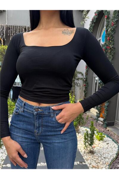 WeShaya Γυναικείο μαύρο μακρυμάνικο μπλουζάκι από βισκόζη με τετράγωνο γιακά