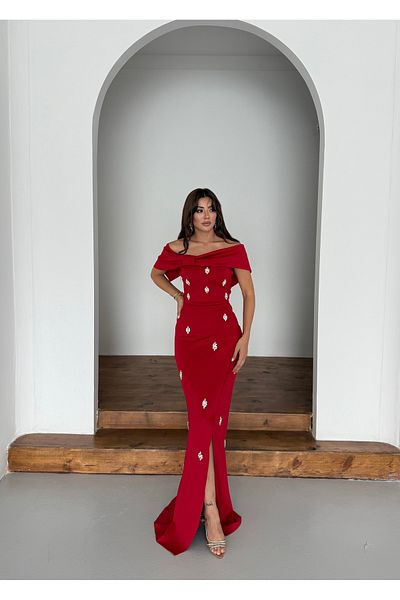 1Moda1Tarz Women's Imported Scuba Crepe Fabric Bow Detailed Stone Embroidered Lined Special Design Maxi Dress