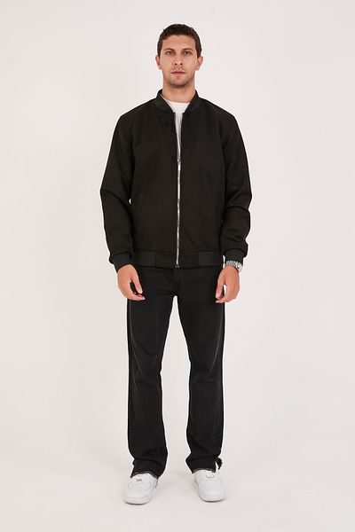 STOCX Men's Suede Bomber Jacket - Zippered, Rib Detailed