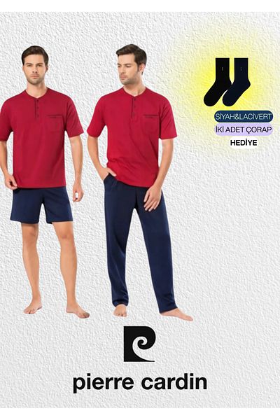Pierre Cardin Men's Clothing Burgundy Combed Cotton 3-Piece Short Sleeve Pajama Set (2 Socks Gift) L1.Pc.5370.001