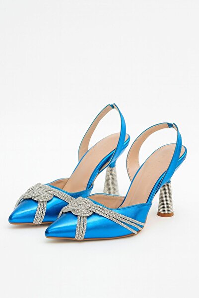 cevaplus Mavi Taş Detaylı Topuklu Kadın Ayakkabı Hakiki Deri