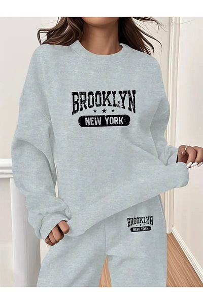 FUFLUNS Brooklyn New York Printed Unisex Oversize Circle Neck Bottom/Up Tracksuit Set