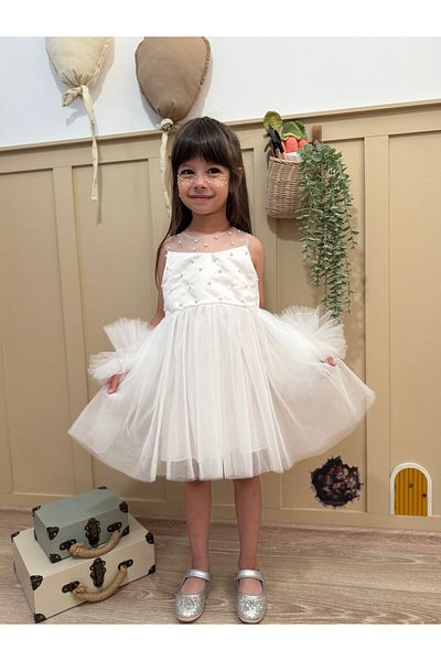 penu baby kids White Pompom Detailed Pearl Decorated Cotton Lined Girl's Baby Girl Dress