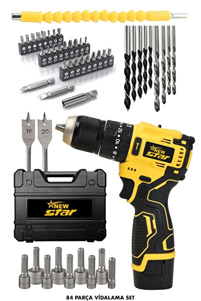 Newstar New Star 84 parça Çelik Mandren Armut Batarya Şarjlı Matkap Sarı