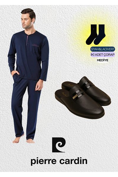 Pierre Cardin Men's Combed Cotton Navy Blue 2-Piece Pajama Set & Leather Slippers Set (2 Socks Gift) L1.Pc.5454.291