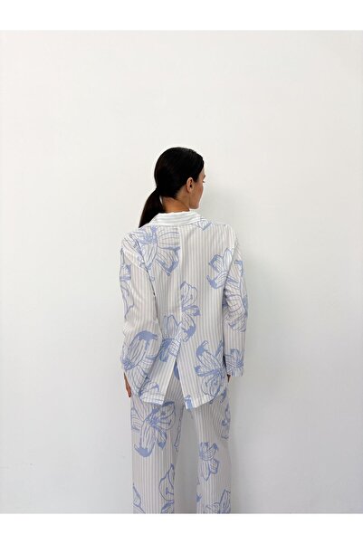 Genel Markalar Mavi Çiçek Desen Pamuklu Gömlek Pijama Takımı