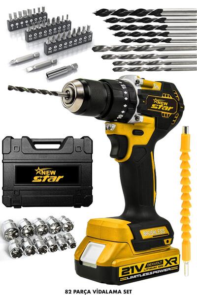 Newstar New Star 82 parça Çelik Mandren Kömürsüz Motor Şarjlı Matkap Sarı