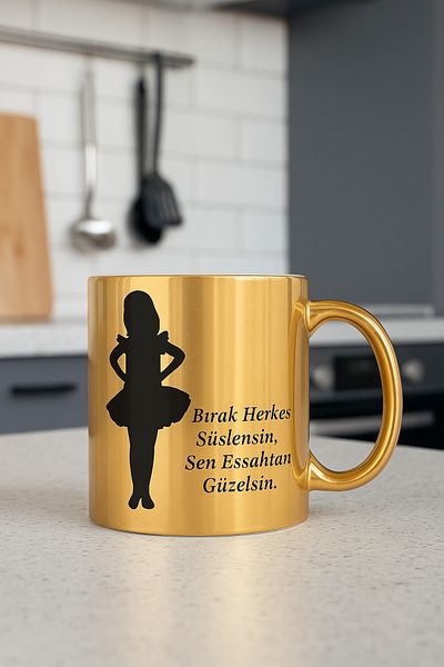 çokaş Pack of 3 Gold Color Coffee Mug Cups with Text Printed