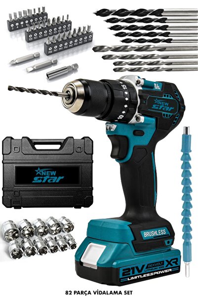 Newstar New Star 82 parça Çelik Mandren Kömürsüz Motor Şarjlı Matkap Mavi