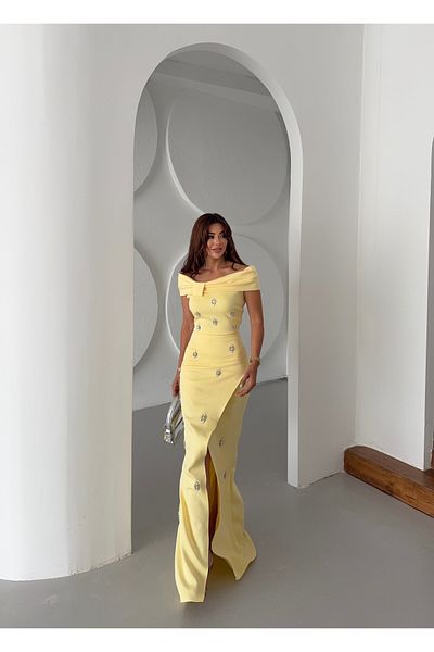 1Moda1Tarz Women's Imported Scuba Crepe Fabric Bow Detailed Stone Embroidered Lined Special Design Maxi Dress