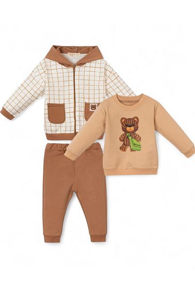 Egelite Baby Boy 3 Piece Teddy Bear Printed Seasonal Hooded Jacket Stylish Baby Set for 1-2 Years Old