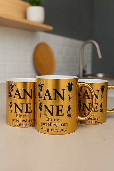 çokaş Pack of 3 Gold Color Coffee Mug Cups with Text Printed