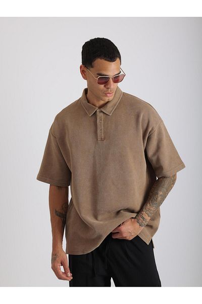 EGHO Washed Double Pique Fabric Men's Polo Neck Loose Fit T-Shirt with Tumbled Effect