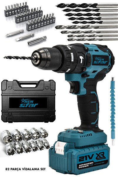 Newstar New Star 82 parça Çelik Mandren Darbeli Şarjlı Matkap 10 Pilli Mavi