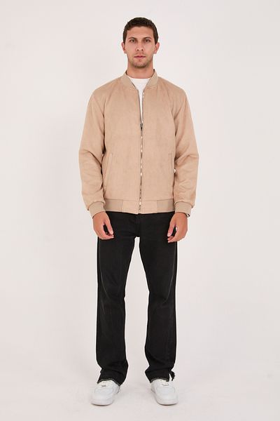 STOCX Men's Suede Bomber Jacket - Zippered, Rib Detailed