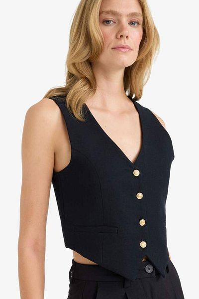 DeFacto New Season Crop V-Neck Linen Blended Blazer Black Vest