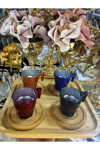 P&ORA PREMIUM KITCHEN PRODUCTS 4-Person Colorful 9-Piece Espresso Cup Set with Bamboo Tray and Plate