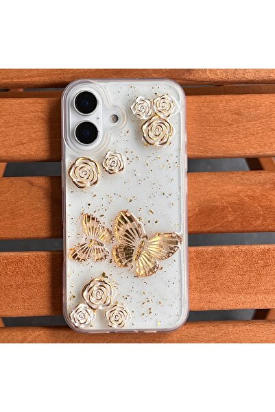 EDELFU iPhone 16 Kabartma Çiçek Desenli Taşlı Kelebekli Sararmaz Şeffaf Kılıf – Çıkıntılı Kamera Koruma