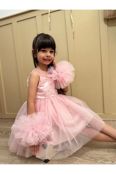 penu baby kids Pink Pompom Detailed Pearl Decorated Cotton Lined Girl's Baby Girl Dress