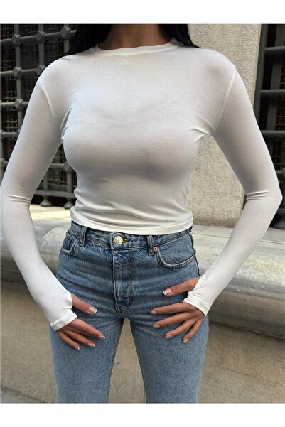 WeShaya Γυναικείο μακρυμάνικο μπλουζάκι από βισκόζη με λαιμόκοψη σε εκρού χρώμα