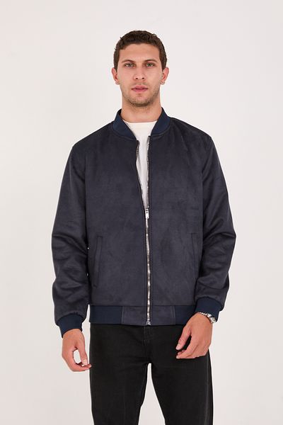 STOCX Men's Suede Bomber Jacket - Zippered, Rib Detailed
