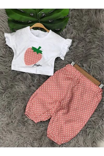 gnygiyim Girl's Strawberry Patterned Top and Bottom Set