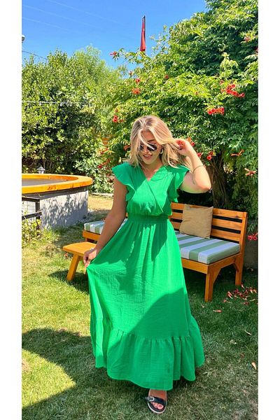 Modayakamoz New Season Women's Short Sleeve Double Breasted Collar Muslin Dress with Elastic Waist