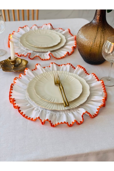 HOME OF BLOSSOM 2-Piece White Linen Orange Edge Detail Ruffled American Service