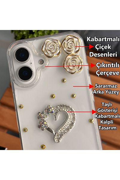 EDELFU iPhone 16 Embossed Flower Patterned Stone Heart Non-Yellowing Transparent Case – Protruding Camera Protection
