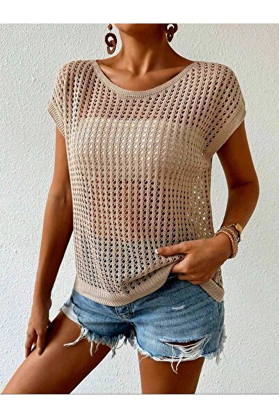 EKİN DEMİR Openwork Short Sleeve Boat Neck Off Shoulder 100% Cotton Women's Knitwear Sweater