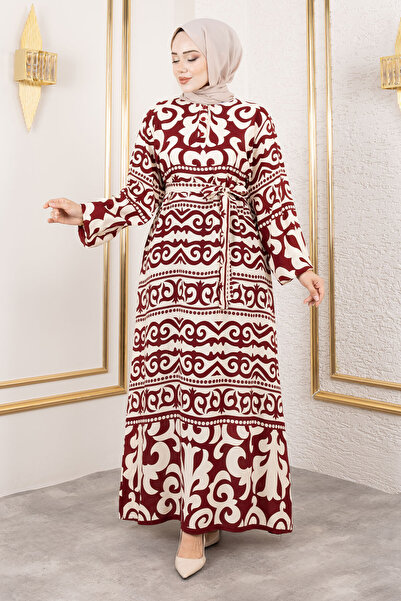 Tesettür Dünyası Μακρύ μοτίβο με βισκόζη φόρεμα Asel TSD250205 Βουργουνδίας