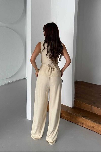 mor butik Purple Boutique Beige Button Detailled Sleeveless Set Olive01001
