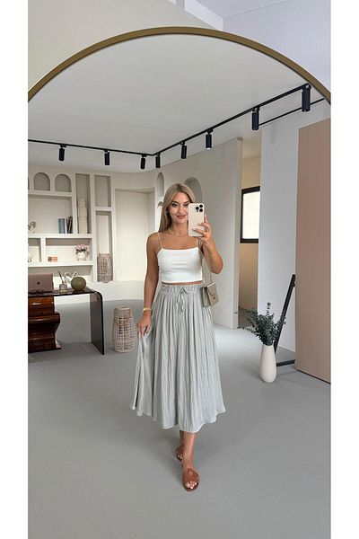 Sezgi Tekin Waist Elastic Wrinkled Texture Satin Midi Water Green Skirt