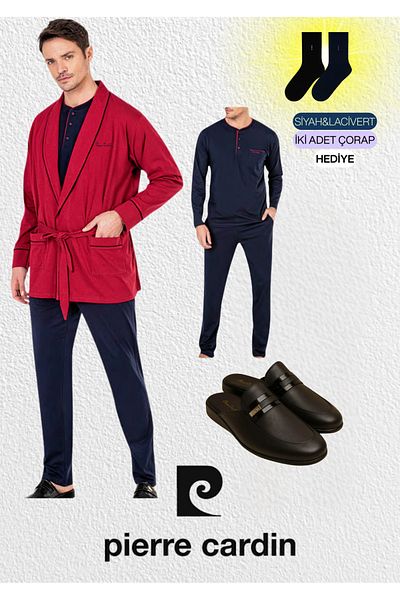 Pierre Cardin Men's Burgundy Combed Cotton 3-Piece Robdöşambır & Long Sleeve Pajama Set & Leather Slippers (with Socks Gift)