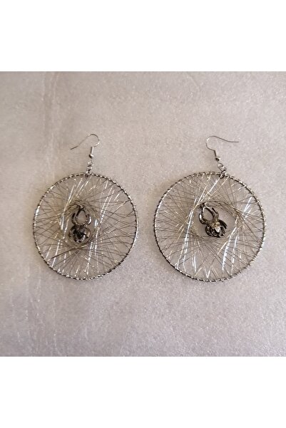 Butik Tülin Kadın otantik el yapımı gümüş metal büyük örümcek ağı sallantılı küpe çapı 6 cm