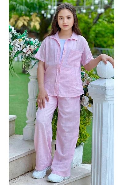 Calisa Girl's Muslin Linen Shirt Linen Palazzo Pants Suspended Badi School 3-Piece Eid Set