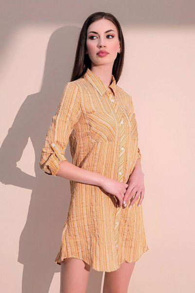 NEW LAVİVA Women's Mustard Double Pocket Striped Shirt Dress - Long Sleeve Striped Patterned Pocket Detail
