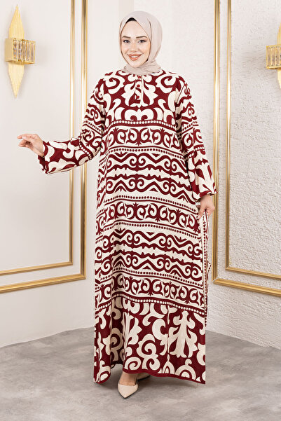 Tesettür Dünyası Μακρύ μοτίβο με βισκόζη φόρεμα Asel TSD250205 Βουργουνδίας