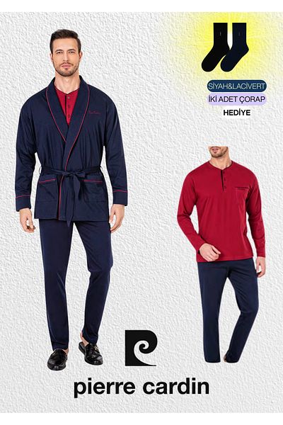 Pierre Cardin Men's Navy Blue Combed Cotton 3-Piece Robdöşambır & Long Sleeve Pajama Set (2 Socks Gift)