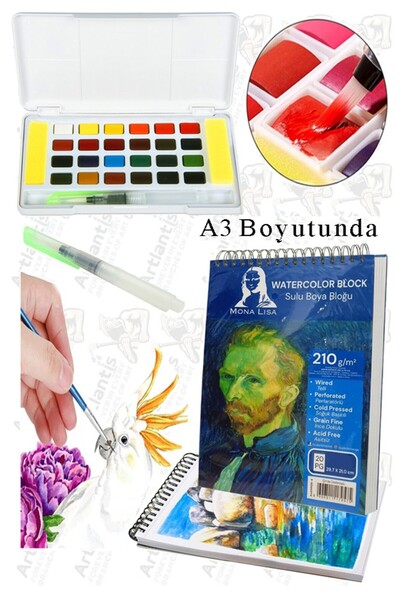 Artlantis 24 Colors Tablet Watercolor and A3 Ring Binder Watercolor Block Pap...