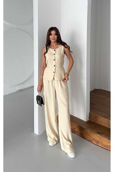 mor butik Purple Boutique Beige Button Detailled Sleeveless Set Olive01001