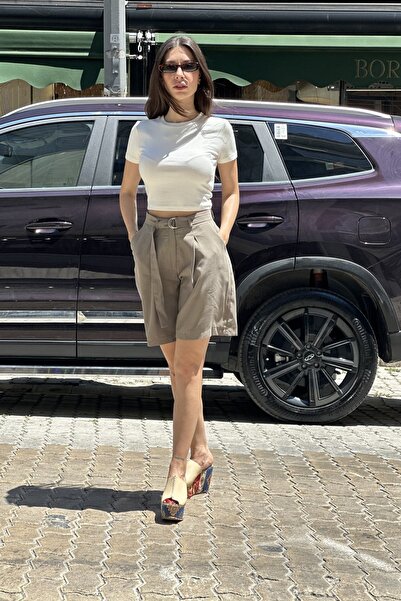 CurcunaShop Kadın Kendisinden Kemerli Pileli Keten Şort