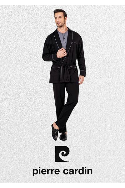 Pierre Cardin Men's Black Combed Cotton 3-Piece Robdosham & Long Sleeve Pajama Set (2 Socks Gift)