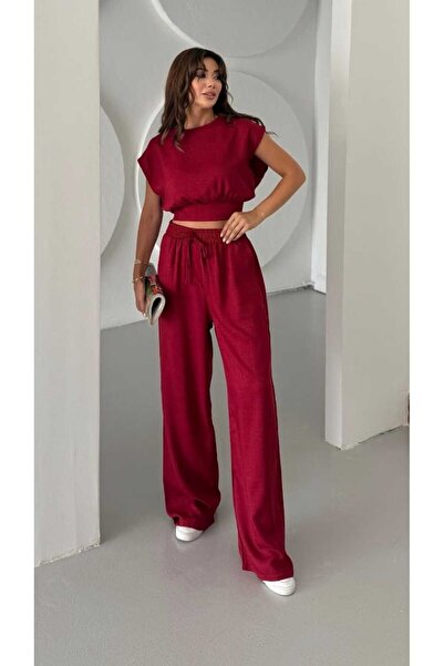 mor butik Purple Boutique Women's Bordo Belt Detail Pants Bluz