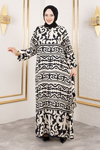 Tesettür Dünyası Asel Patterned Viscose Long Hijab Dress Tsd250205 Black