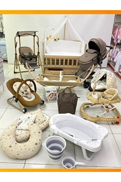 modabebekler 33 Parça Bebek Çeyiz Seti 3 Kademeli Anne Yanı Çekmeceli Ahşap Beşikli Travel Bebek Arabası