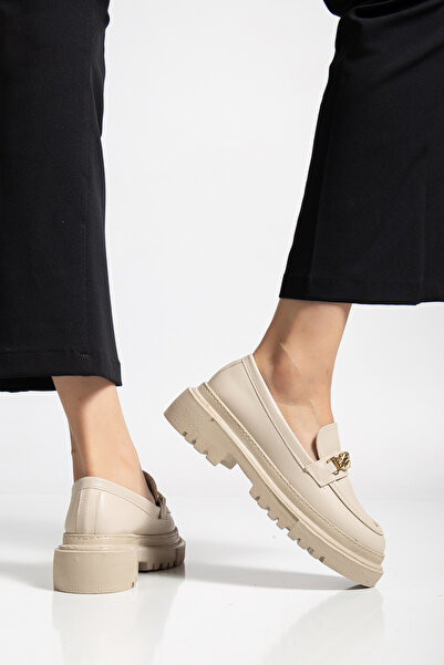 DİORİN Kadın Loafer Makose İnce Tokalı Bej Cilt Günlük Ayakkabı