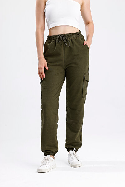 Green Hill Khaki Sweatpants with Cargo Pockets and Elastic Waist